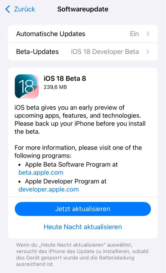 洮北苹果手机维修分享苹果 iOS / iPadOS 18 开发者预览版 Beta 8 发布 